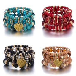 4Pcs Boho Crystal Beads Chain Bracelet Set For Women Vintage Heart Charm Elastic Bangle Female Fashion Party Jewelry