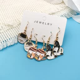 3pairs/set Fashion Exquisite Cute Teacup Cat Earrings Little Cat In A Coffee Cup Accessories For Women Gift For Cat Lover