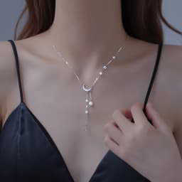 New 925 Sterling Silver Star Moon Necklace Pearl Tassel Collarbone Chain Sparkling Zircon Pendant Wedding Jewelry Accessories