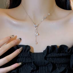 New 925 Sterling Silver Star Moon Necklace Pearl Tassel Collarbone Chain Sparkling Zircon Pendant Wedding Jewelry Accessories