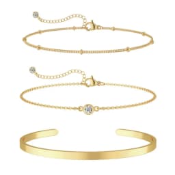 3pcs 14K Gold Plated STAINLESS Waterproof Bracelet Sets for Women Girls Snake Chain Cuban Link Cuff Bangle Stackable Bracelets
