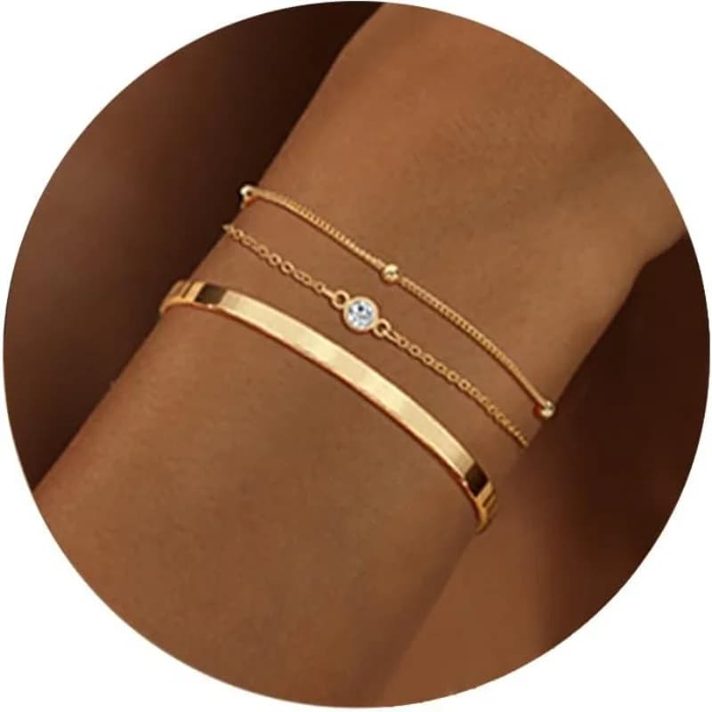 3pcs 14K Gold Plated STAINLESS Waterproof Bracelet Sets for Women Girls Snake Chain Cuban Link Cuff Bangle Stackable Bracelets