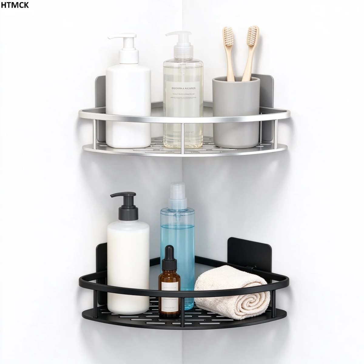 HTMCK No Drill Bathroom Corner Rack, Wall Mount Triangle Shower Shelf, Waterproof Shampoo Holder Bathroom Organizer