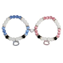 2 pcs of Blue and Pink Beads Cute cat Pendant Heart Shape Magnet Elastic Couple's Bracelets, Bff Trendy Jewelry Gifts