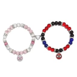 2 pcs of Blue and Pink Beads Cute cat Pendant Heart Shape Magnet Elastic Couple's Bracelets, Bff Trendy Jewelry Gifts
