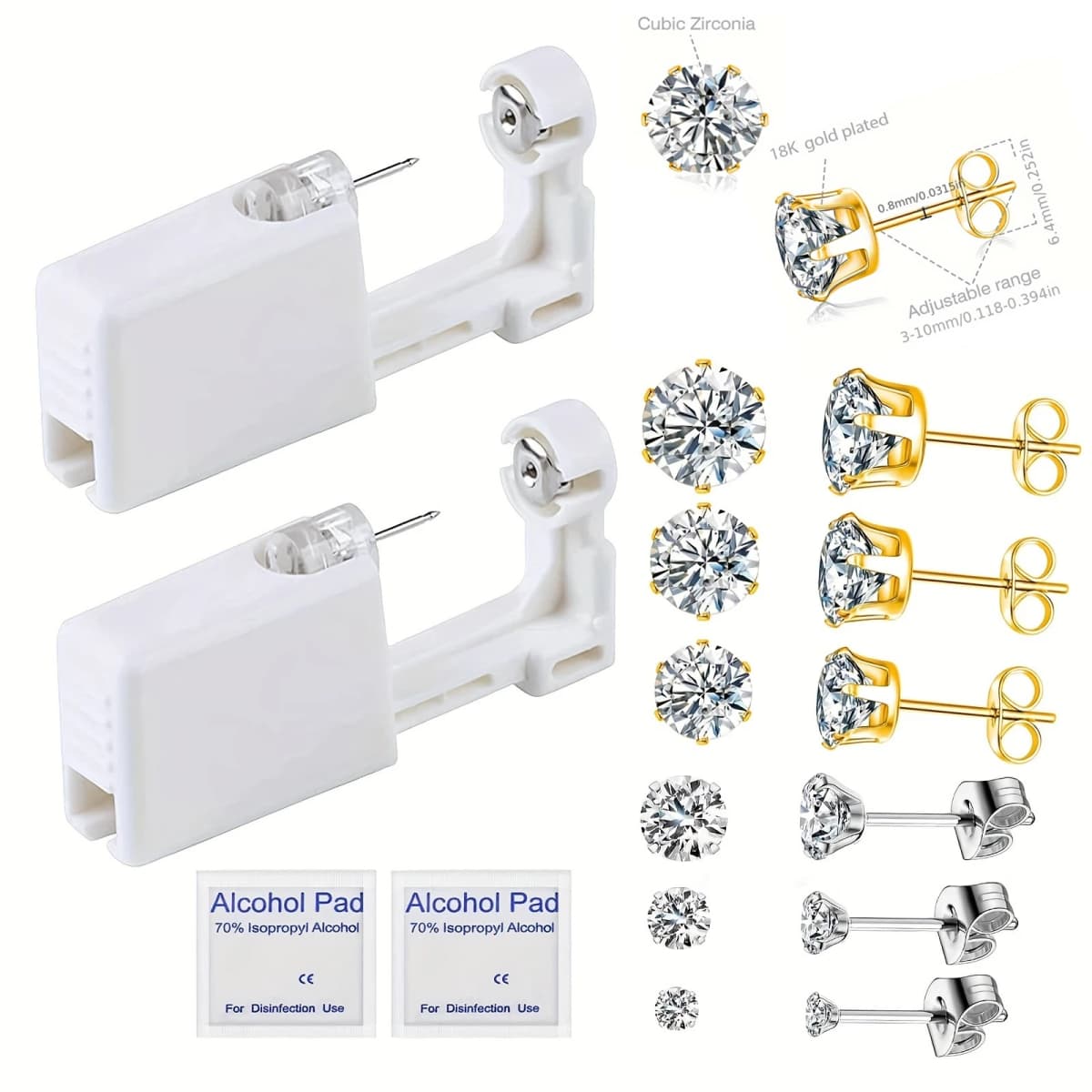 Safe & Painless Gun Set with Stylish Gold/Silver CZ Stud Earrings Professional Ear Piercing Kit Durable Tools for Self-Piercing