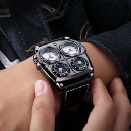Oulm Men's Watches Two Time Zone Army Pilot Style Watch Big Size Military Quartz Clock Male Leather Strap Wristwatch