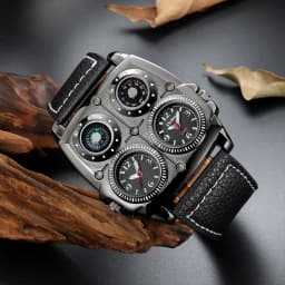 Oulm Men's Watches Two Time Zone Army Pilot Style Watch Big Size Military Quartz Clock Male Leather Strap Wristwatch