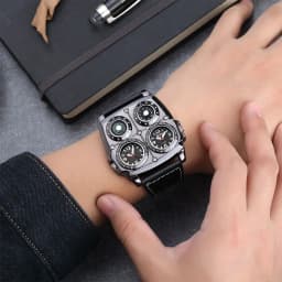 Oulm Men's Watches Two Time Zone Army Pilot Style Watch Big Size Military Quartz Clock Male Leather Strap Wristwatch