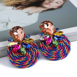 Fashion Ethnic Style Cotton Cord Weave Round Ear Accessories Vintage Sparkly Crystal Dangle Earrings For Women Luxury Jewelry