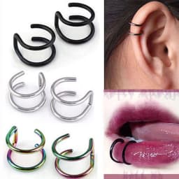 2PCS Punk Fake Peircings Stainless Steel Clip on Earrings Lip Ring Non Piercing Mouth Rings Body Jewelry For Women