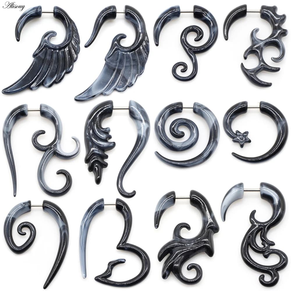 Alisouy 2pc 16G Fake Cheater Ear Plug Gauge Gray Black Color Acrylic Flesh Earring Wing Heart Spiral Shape Body Piercing Jewelry