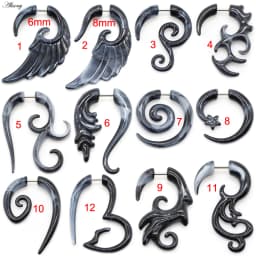 Alisouy 2pc 16G Fake Cheater Ear Plug Gauge Gray Black Color Acrylic Flesh Earring Wing Heart Spiral Shape Body Piercing Jewelry