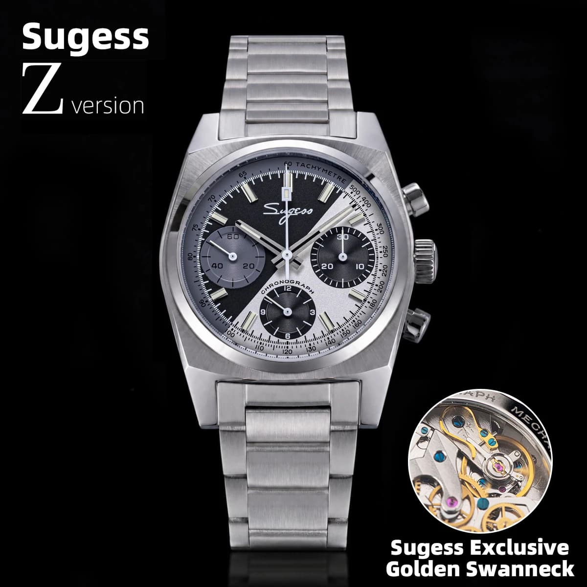 Sugess Chronograph Master Mens Watch 37mm ST1902 Swanneck Movement Mechanical Wristwatch Sapphire Crystal Waterproof S419-2 New