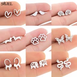 New Small Stainless Steel Earrings for Women Girls Black Animal Dog Paw Earrings Bee Cat Snake Hedgehog Piercing Jewelry Gifts