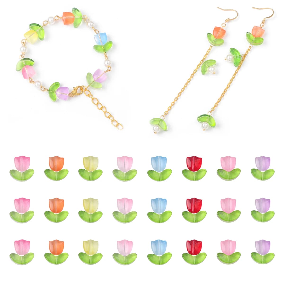 25Sets Jelly Powder Gradient Glass Tulip Petal Beaded Material DIY Handmade Bracelets, Earrings, Accessories, Hairpins