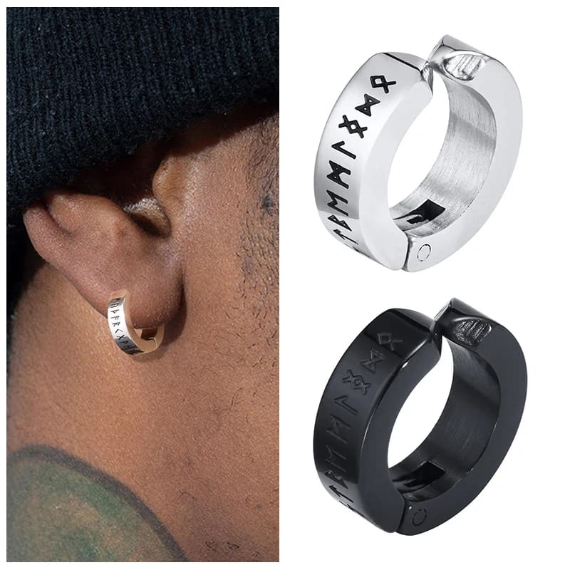 Mens Norse Viking Runes Ear Clips Earrings for Male Boys Gifts Jewelry, 13mm Stainless Steel Huggie Hoops No Peircing