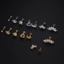 1Piece 1.2mm Heart Flower Crown Cartilage Earrings Stainless Steel Zircon Conch Rook Tragus Stud Labret Back Piercing Jewelry