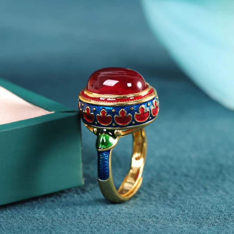Original ancient gold craftsmanship natural carnelian rings for women flower enamel national style light luxury Wedding jewelry