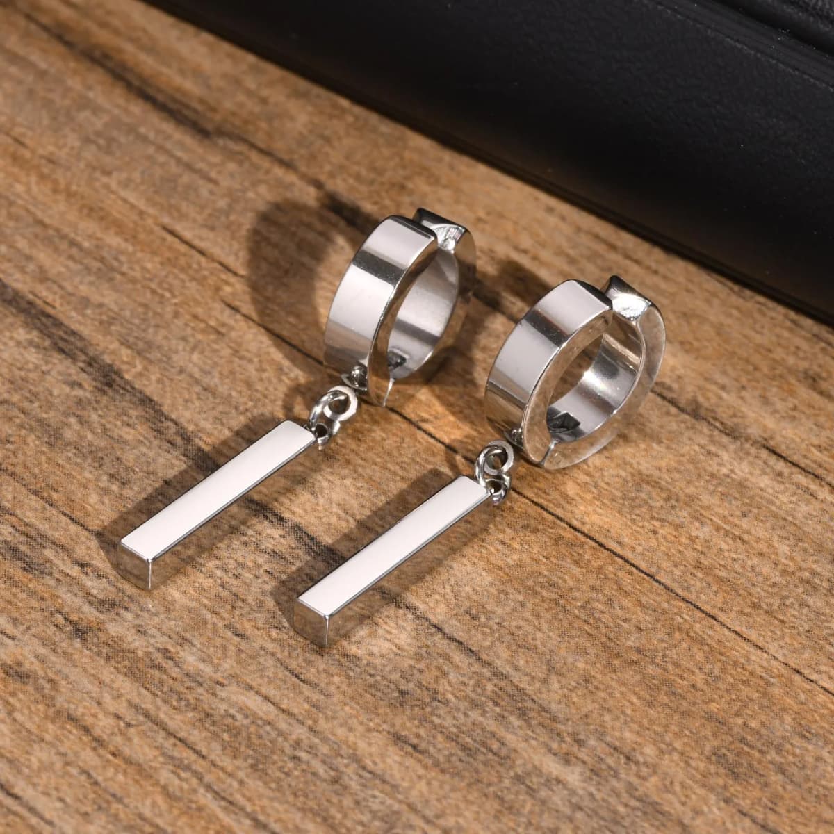 Men Simple 3D Bar Huggie Earrings Gift Jewelry, Waterproof Stainless Steel Solid Geometric Earrings No Piercing Accessory