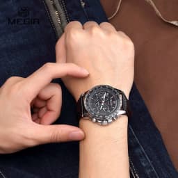 MEGIR Fashion Man's Quartz Analog Wristwatch Brand Waterproof Luxury Leather Watches for Men Casual Black Watch Male 1010