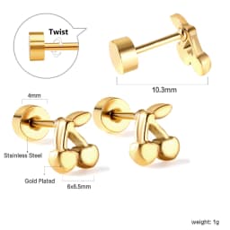Cute Cherry Casual Women Earrings Gold Plated Stainless Steel Screw Back Aretes De Mujer Ear Stud Party Jewelry Gifts Waterproof