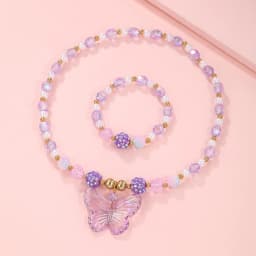 2Pcs/set Pink Butterfly Charm Necklace Bracelet Princess Girl Jewelry Set for Daughter Niece Best Party Birthday Gifts
