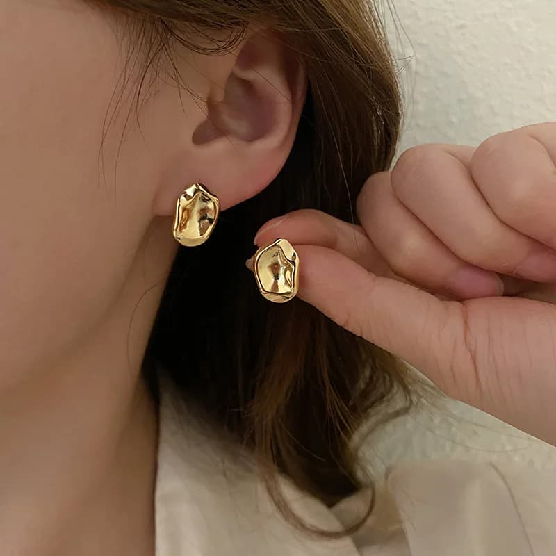 Simple Smooth Irregular Light Luxury Gold Color Earrings For Woman Korean Fashion Jewelry Goth Party Girls Unusual Accessory