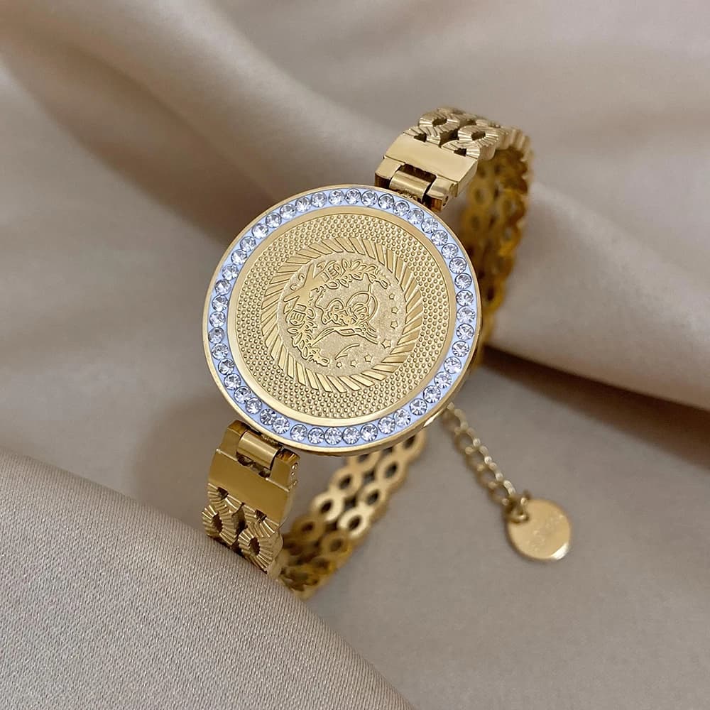 DODOHAO Stainless Steel Fashion Portrait Coin Wide Bracelets Bangles Exquisite 18K Gold Plated Women's Jewelry Cuff Bracelet
