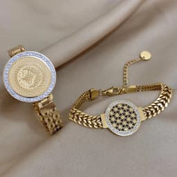DODOHAO Stainless Steel Fashion Portrait Coin Wide Bracelets Bangles Exquisite 18K Gold Plated Women's Jewelry Cuff Bracelet