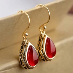 Huitan Green/Red Pear Stone Drop Earrings for Women Ethnic Style Aesthetic Carved Pattern Temperament Lady's Earrings Jewelry