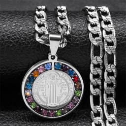 Colorful Crystal Saint Benedict Medal Necklace Women Men Stainless Steel Gold Color Chain Necklaces Jewelry San Benito N8391S05