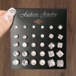 15pairs Cubic Zirconia & Faux Pearl Decor Stud Earrings,Suitable For Holidays, Parties, Dates, Gifts, Everyday Wear
