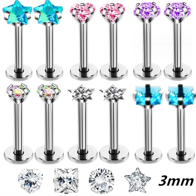 3mm Crystal Star Labret Piercing Stud Set Lip Ring Bulk Tragus Earring Flat Helix Stud Cartilage Jewelry Pack Lobe Earring Lot