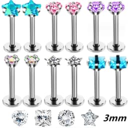 3mm Crystal Star Labret Piercing Stud Set Lip Ring Bulk Tragus Earring Flat Helix Stud Cartilage Jewelry Pack Lobe Earring Lot