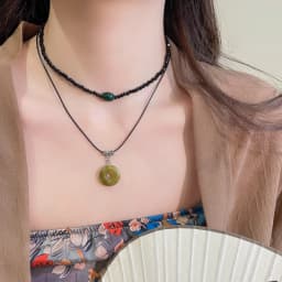 2 Pcs Vintage Peace Buckle Pendant Necklaces Natural Stone Beads Chains Choker Necklace Set Women Men Chinese Style Jewelry K-