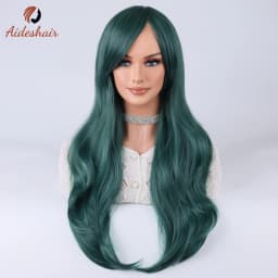 Aideshair Dark green midsection diagonal bangs long curly wig for women heat-resistant fiber synthetic wig daily Cosplay party