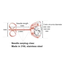 1 Pair Rose Gold Color Hypoallergenic 316L Stainless Steel White Cubic Zirconia CZ Stud Earrings Size 3-8mm