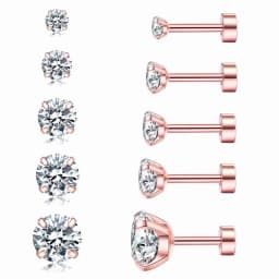 1 Pair Rose Gold Color Hypoallergenic 316L Stainless Steel White Cubic Zirconia CZ Stud Earrings Size 3-8mm