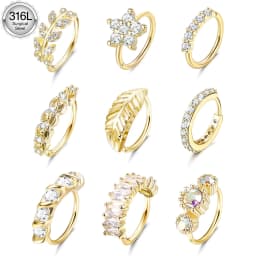 Drperfect Stainless Steel Nose Ring Hoop Stud Paved CZ Leaf Feather Flower Crawler Nose Ear Cartilage Nose Ear Piercing Hoop