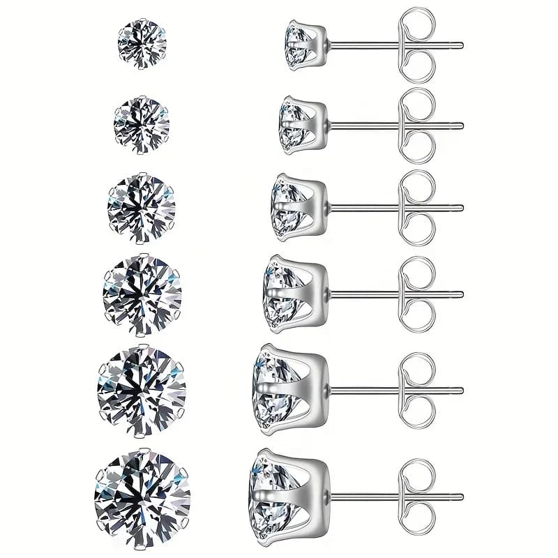 6pairs/set 3-8mm Stainless Steel Stud Earrings With Sparkling Hypoallergenic Cubic Zircon For Men And Women