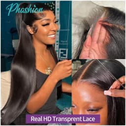 Phashion 28 Inch 13x6 Lace Frontal Straight Pre Plucked Swiss Closure Transparent Full Front Only Natural Black 100% Human Hair