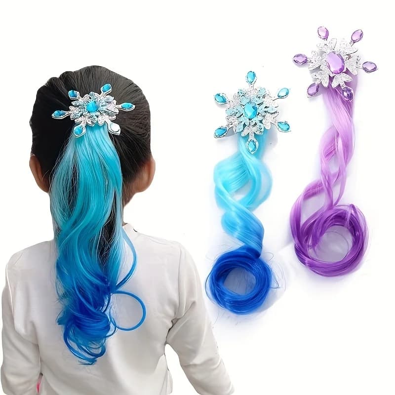 Children's Colorful Wig Hair Clips - Snow Queen - themed Gradient Long Curly Hair Girls' Braided Colorful Rope Headpiece