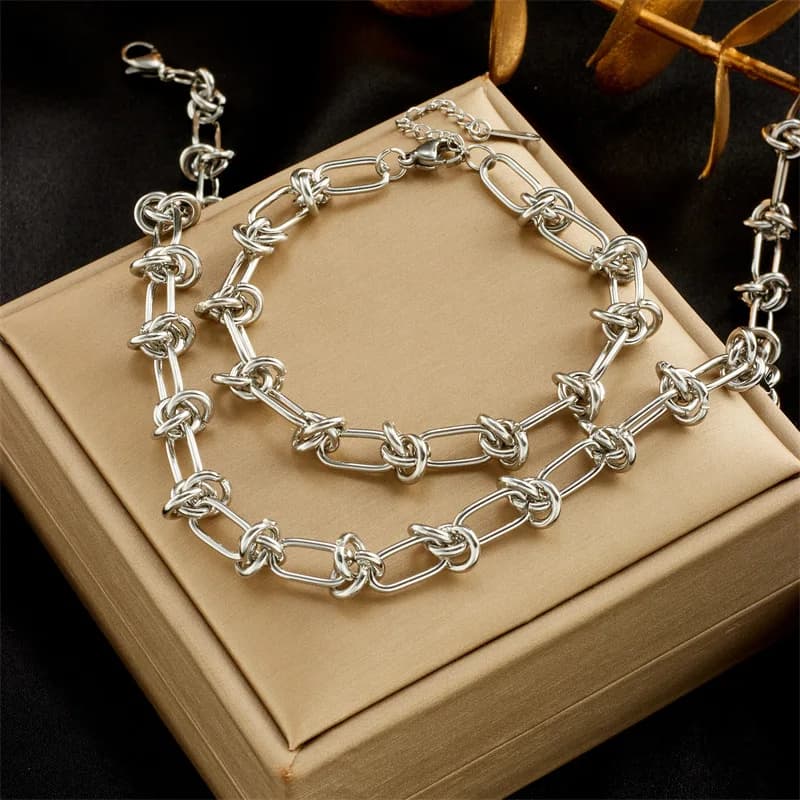 316L Stainless Steel Gold Silver Color Twist Knot Necklace Bracelets For Womens Girl New Fashion Non-fading Jewelry Set