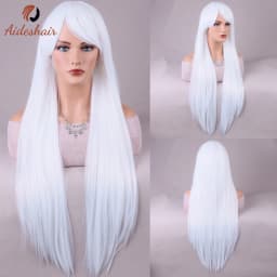 White wig with bangs Natural Length Straight wig for women Heat Resistant Fiber Synthetic wig for everyday Cosplay (28 inches)