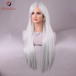 White wig with bangs Natural Length Straight wig for women Heat Resistant Fiber Synthetic wig for everyday Cosplay (28 inches)