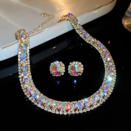 FYUAN Luxury Crystal Necklace Earrings Green Rose Pink Blue Necklace for Women Weddings Party Jewelry Sets Accessories