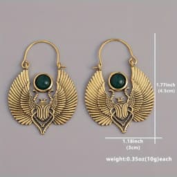 Vintage Golden Egyptian Style Sacred Wings Beetle Design Inlaid Emerald Hoop Earrings Gold Color Earring Party Gift