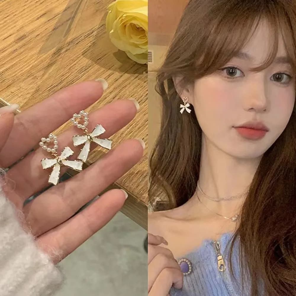 Korean Fashion Charm White Bowknot Stud Earring for Women Temperament Pearls Bow Heart Earrings Party Jewelry Accessories Gift