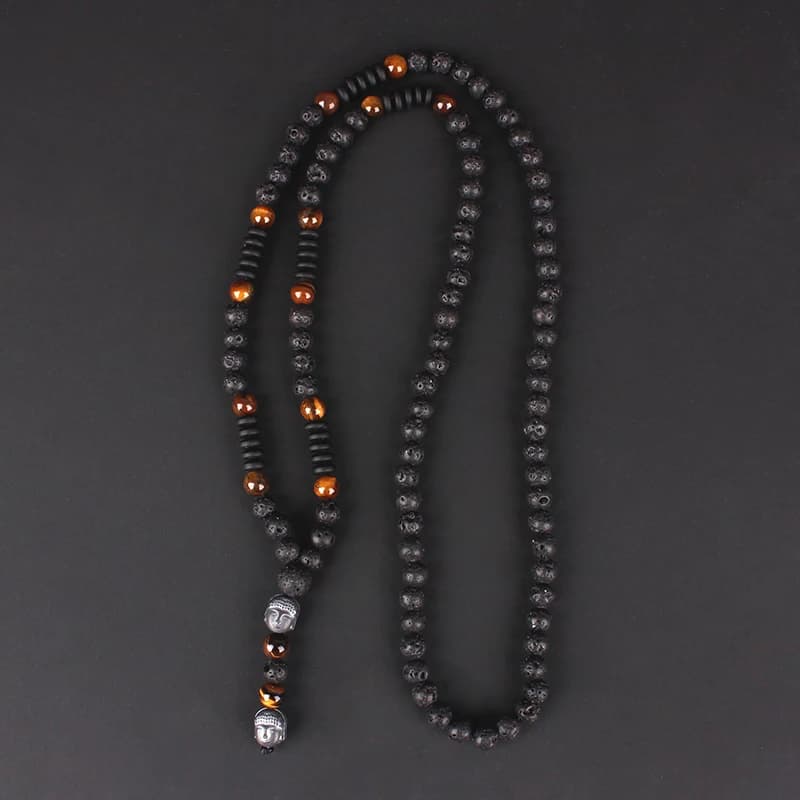 6mm Lava Stone Tiger-eye Beaded Necklace for Men and Women with Buddha Head Pendant